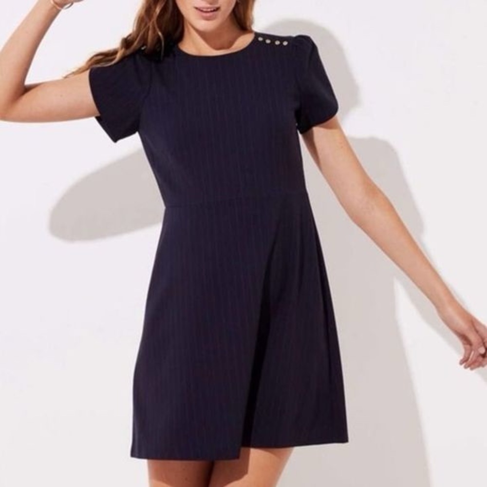LOFT Navy Pinstrip Dress with Button Detail
